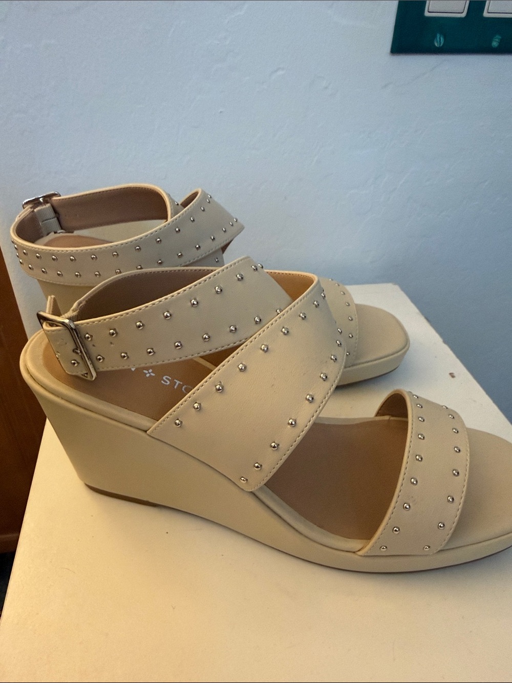 Beige Studded Wedge Sandals with Ankle Strap - Women